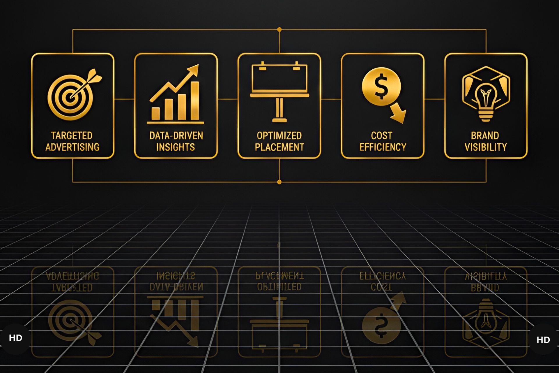 Gold icons representing media buying