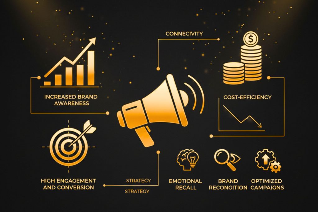Gold marketing icons with target, graphs, and cost-effective symbols