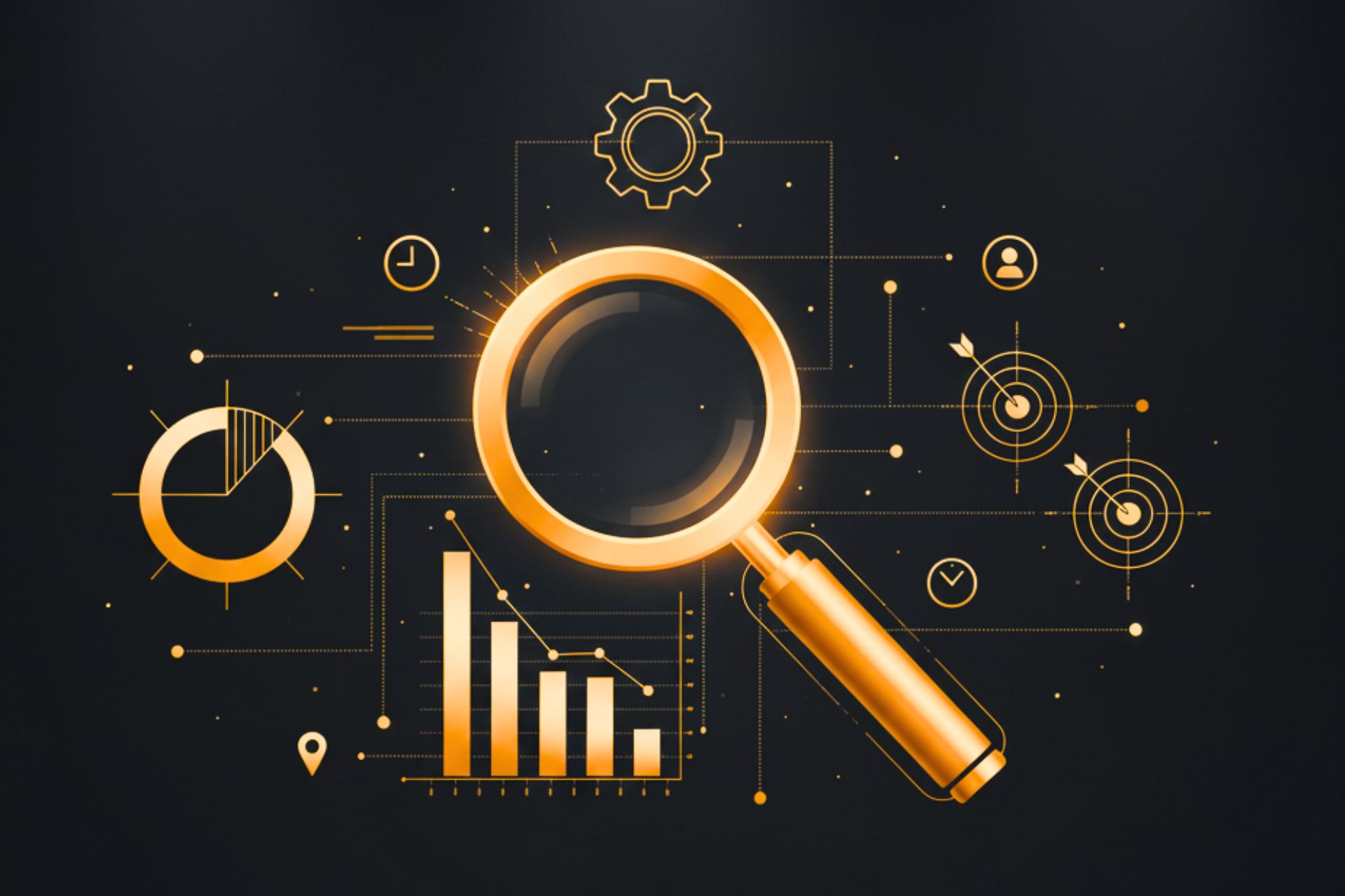 Gold data-driven marketing icons with charts and target symbols
